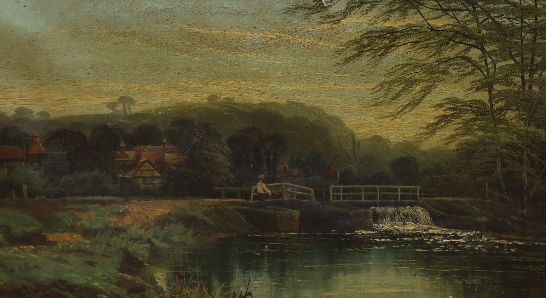 Richard Allam, oil on canvas, 'Loch gates at Guildford', signed, 26 x 46cm